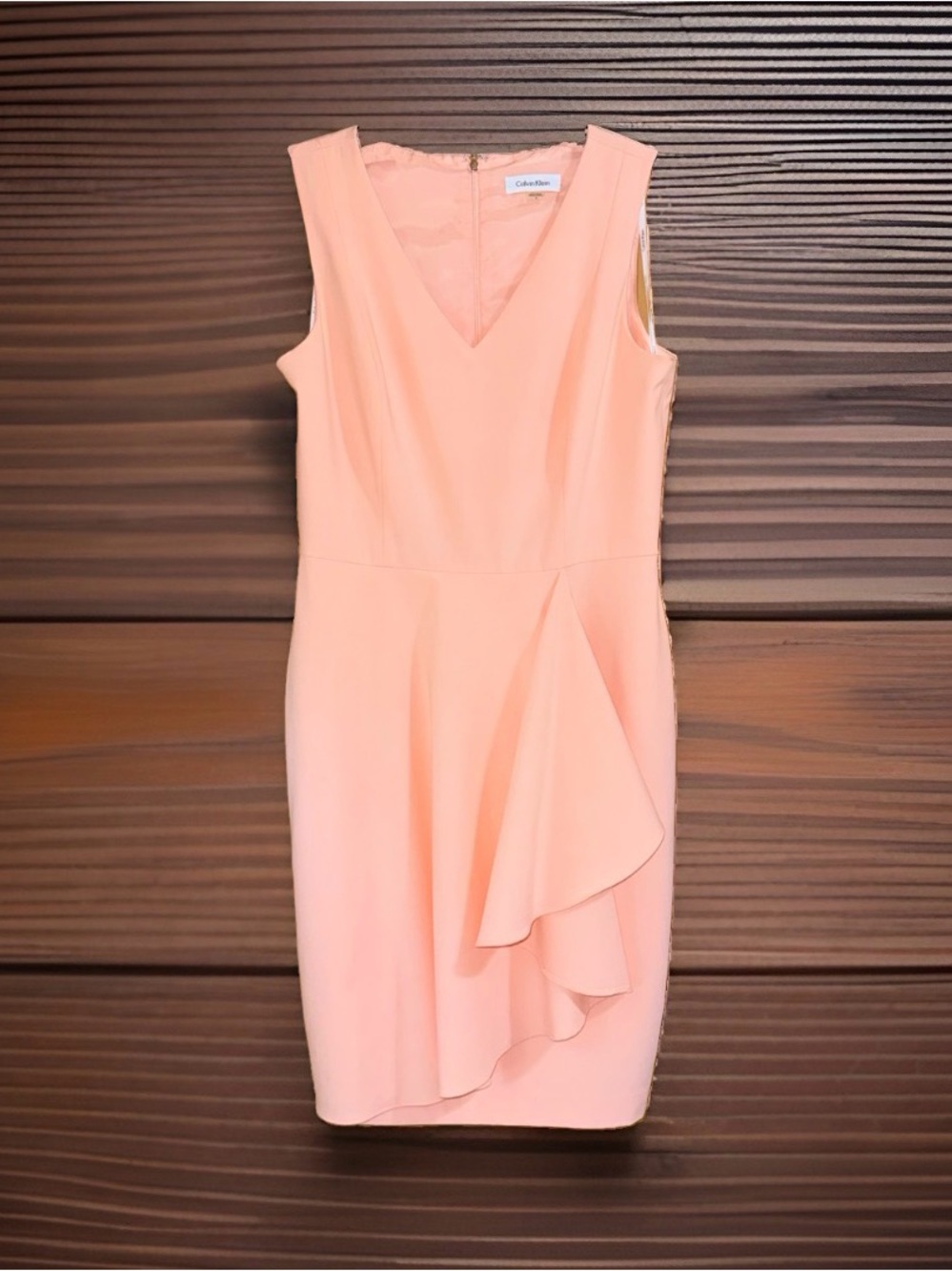 Calvin Klein Womenβs Blush Peach Sleeveless V-Neck Faux Wrap Sheath Dress-8-EC